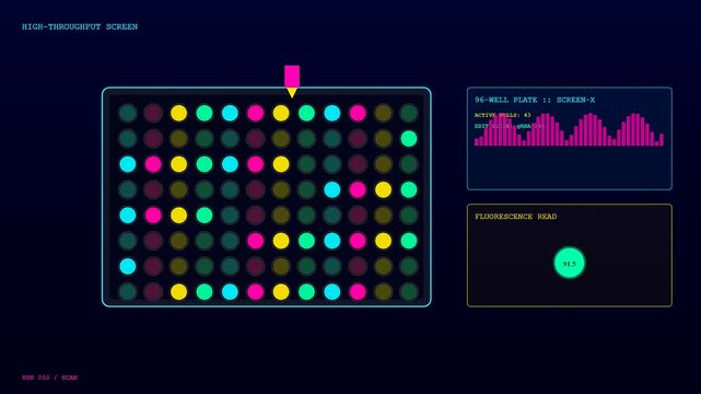 Digital displays showing gene editing data in a laboratory setting with illuminated circles and neon graphs flickering across multiple monitors during a complex biochemical research sequence