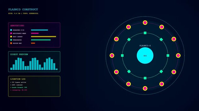 Gene editing interface displays circular plasmid maps with data visualizations and diagnostic logs shown across three distinct software panels in this laboratory research digital display