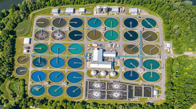Aerial top view of modern municipal wastewater treatment facility. Industrial water recycling infrastructure with clarification tanks representing environmental engineering, sustainability 