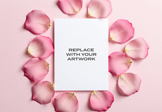Vertical stationery mockup with white paper surrounded by pink rose petals on a light background, flat lay composition copy space for artwork or text, realistic branding presentation invitations