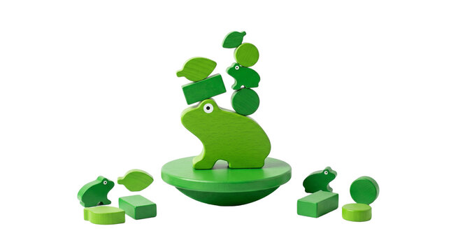 Green wooden frog balancing toy with blocks and leaves for children PNG Isolated on transparent background