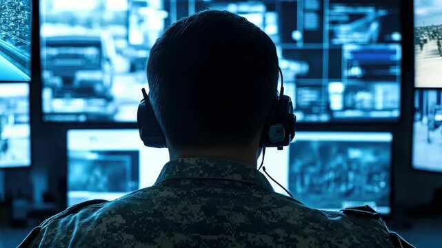 A military soldier wearing a camouflage uniform and headphones, sitting in front of multiple screens displaying surveillance footage.