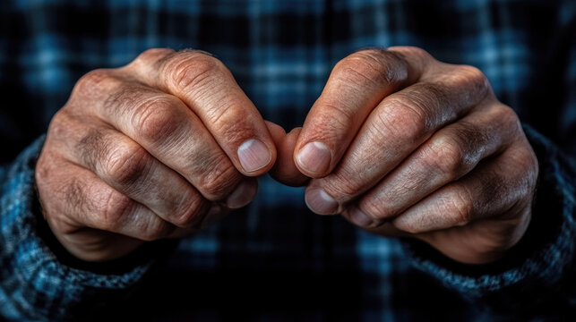 Rough Male Hands Clasped Together, Working Man's Grasp, Close-up Detail, Blue Plaid Shirt Background