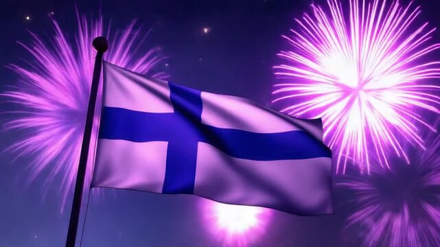 Finnish national flag waving over purple fireworks display