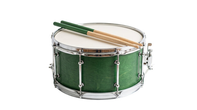 Green snare drum with drumsticks on top for musical performance PNG Isolated on transparent background