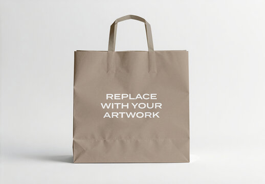Paper shopping bag mockup with placeholder text on a white background, realistic retail packaging presentation for branding and graphic design, Template, clean studio environment soft lighting