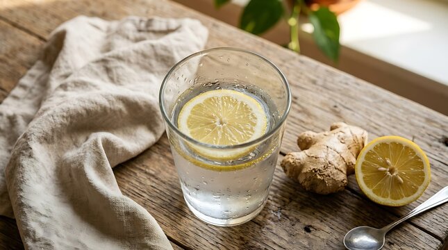 Glass of water with lemon slice and ginger root on a wooden table