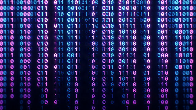 Futuristic binary code digital background with vibrant neon data stream for tech and cybersecurity visuals