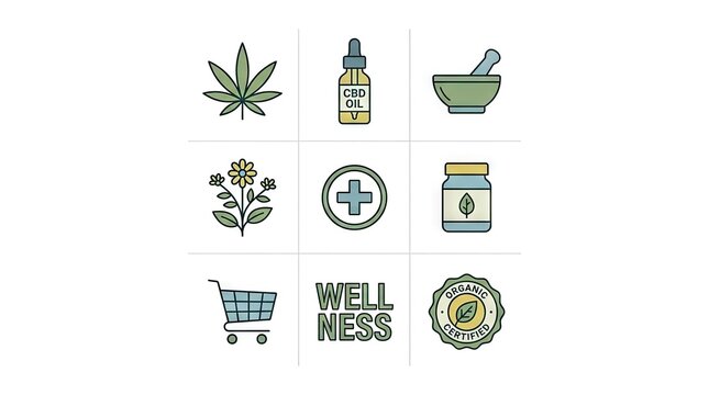 CBD oil and hemp wellness product icon set.