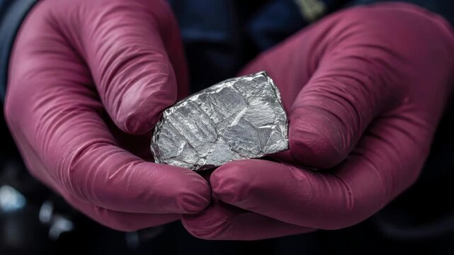 Laboratory gloves holding rough cobalt metal sample, battery material sourcing, critical mineral supply, rechargeable technology, artificial intelligence infrastructure