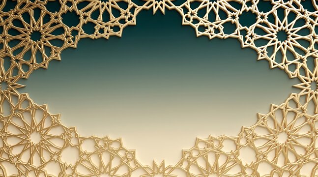 Luxurious Gold Islamic Geometric Ornament Frame on Teal and Beige Background for Ramadan Kareem
