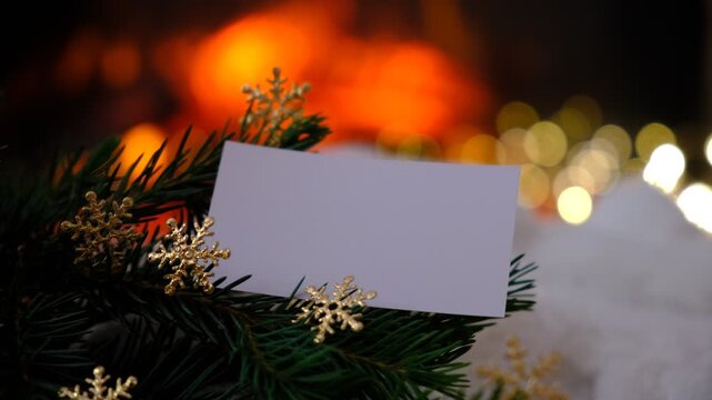 Christmas tree, empty blank card. Space for text. Magic of the holiday season. Warm string lights twinkle gently.  Fireplace,  flame, fir branches adds comforting warmth, the subtle scent. Copy space
