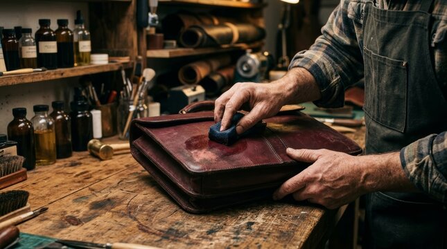 Leather artisan working on a brown briefcase in a workshop. Expert man applying protective cream to a handmade satchel using a sponge. Tradition, craftsmanship and leather goods.