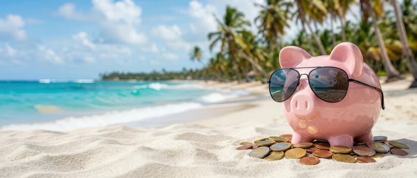 Pink piggy bank wearing sunglasses on tropical beach, coins scattered across white sand, turquoise ocean travel savings, summer vacation budget planning, financial freedom, retirement fund