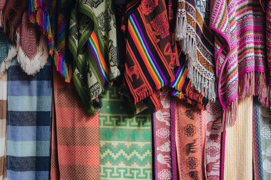 Colorful traditional Peruvian textiles creating a vibrant Andean cultural background, Peru