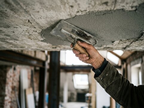 Plasterer using a steel trowel to smooth wet mortar on a concrete ceiling. Construction worker renovating interior wall surface. Building improvement and professional house repair concept.