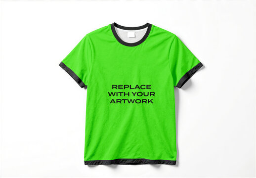 Ringer t-shirt mockup with black trim on white background, flat lay presentation for graphic design, branding, and print display, template artwork placement