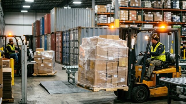 Warehouse forklift operators moving shrink wrapped pallets past scanners, containers and dock levelers with shelving and conveyors behind.
