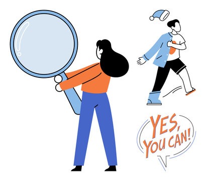 Woman holding a magnifying glass looking at a person transforming into a better version vector illustration. Self improvement, personal growth, motivation, success, coaching, development. Female
