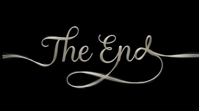 Cinematic ivory silk thread calligraphy "The End" film outro animation on black background.
