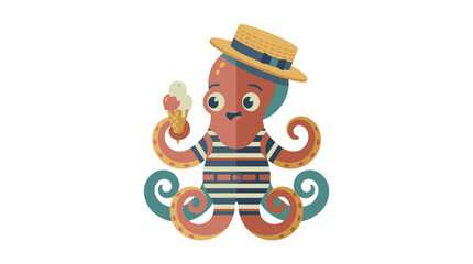 Cute Cartoon Octopus Eating Ice Cream Vector Illustration © Laris