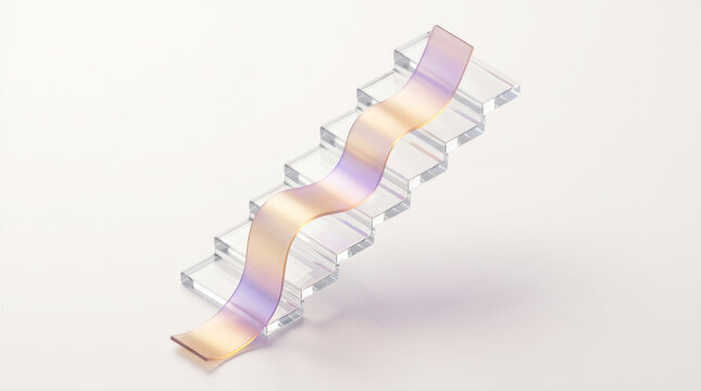 Smooth 3d gradient ribbon flowing upward through transparent glass stair steps, modern abstract financial growth visualization for business presentation, fintech analytics concept