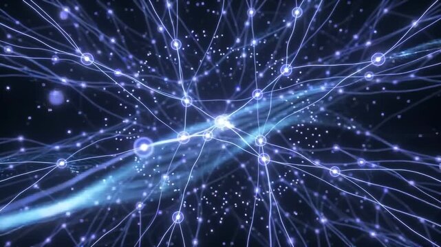 Cosmic energy network with glowing blue pulses and particles