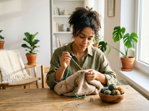 Woman knitting at a wooden table. Girl making a handmade wool sweater at home. Creative hobby, needlework, and textile craft. Cozy interior living room setting for artisan work.