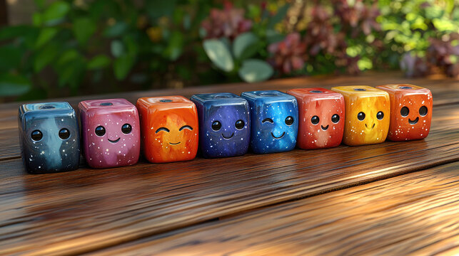 Cute Kawaii Dice Characters with Smiling Faces and Galaxy Patterns, Arranged in a Row on Wooden Table