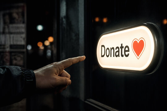 A hand points towards a glowing digital sign displaying the word Donate with a heart icon in a dark, indoor setting.