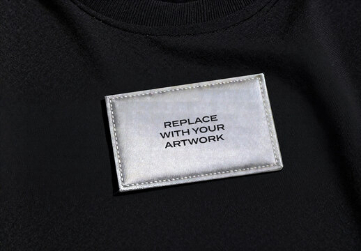 T-shirt mockup with silver rectangular label patch on the chest, close-up view of garment tag, realistic clothing branding presentation, template for graphic design and print