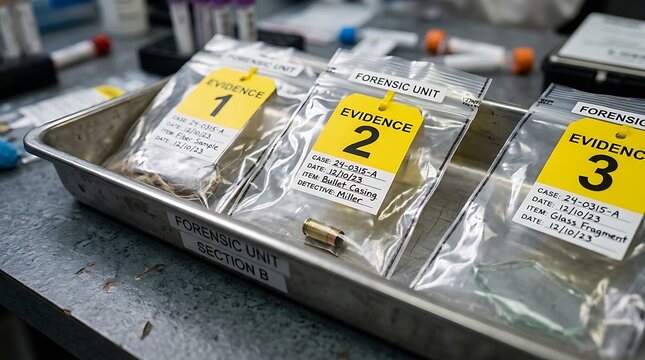 Forensic evidence bags with bullet casing and samples in a tray