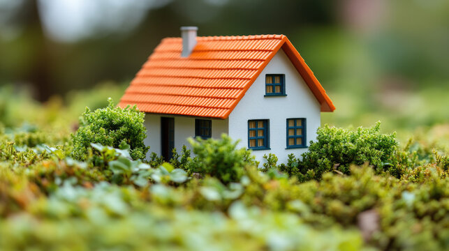 Miniature House Model Surrounded by Lush Greenery, Tiny Home Concept