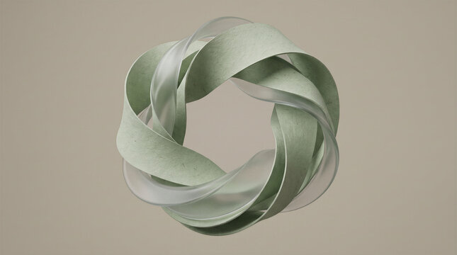 Abstract recycled paper fiber and glass ribbons intertwining in continuous loop, circular sustainable economy concept, eco friendly ESG banner background