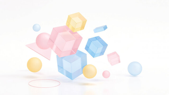 Abstract geometric 3d shapes floating, pastel translucent cubes and spheres creating a modern soft background