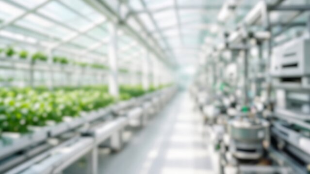 Hydroponic greenhouse automation system cultivating plants in a controlled environment, modern agriculture technology blurring