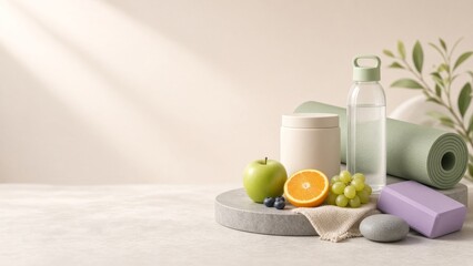 Fototapeta premium Wellness and fitness essentials with fresh fruits, water bottle, yoga mat, and protein powder for healthy living
