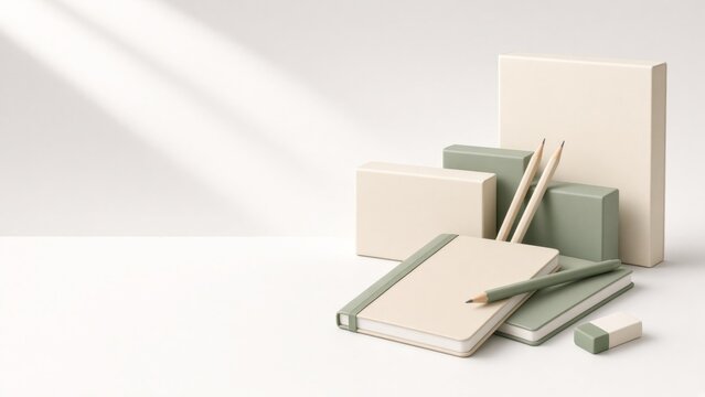 Office stationery in natural tones with notebooks, pencils, and eraser on a minimal white background