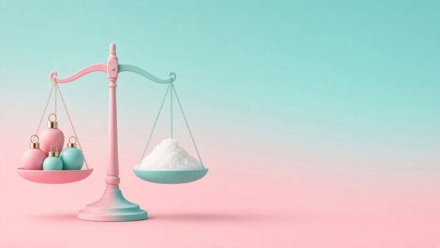 Balancing holiday ornaments with snow showing winter season equality and festive weighing concept