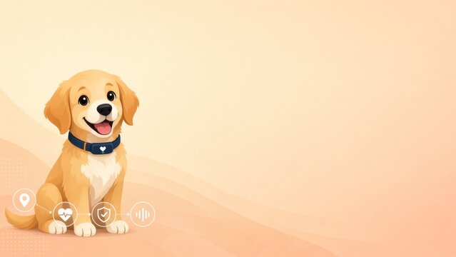 Happy golden retriever puppy wearing a smart collar, linking to location, heart rate, security, and activity tracking