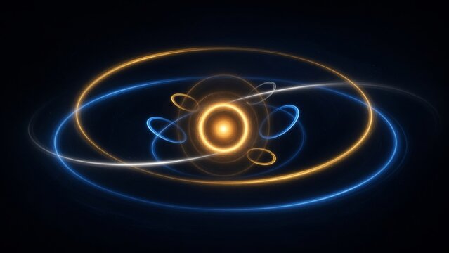 Glowing energy core with orbiting light particles representing quantum physics, science, technology, and cosmic systems