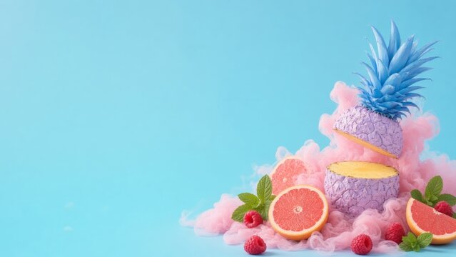 Painted pineapple floating with grapefruit, raspberries, and mint leaves, creating a vibrant summer food art composition