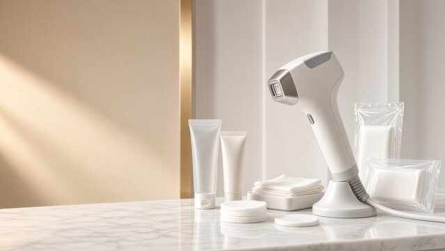 Advanced hair removal device on marble surface with skincare products, representing modern beauty treatment technology