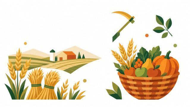 Rural farm landscape with wheat fields, harvest bundles, and a basket overflowing with autumn fruits and vegetables