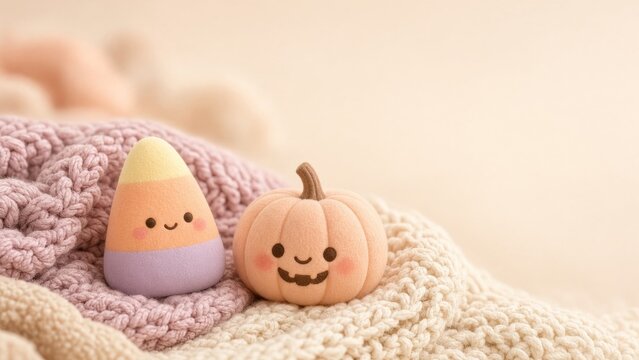 Cute candy corn and pumpkin characters resting on knitted blankets celebrating cozy pastel autumn holidays