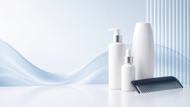 Hair care products set with pump bottle, dropper, and comb on a blue abstract background, promoting beauty and hygiene
