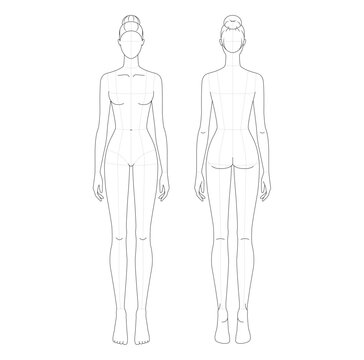 Two female fashion body croquis in front plus back standing views with dashed proportion guides, bun hairstyle. Ideal for apparel sketching, garment flats, clothing mockups or technical illustration