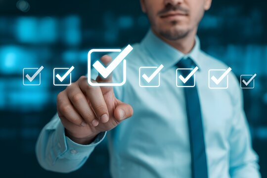Businessman touching digital holographic checklist screen interface business