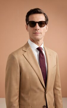 Handsome man wearing sunglasses, beige blazer, white shirt and burgundy tie