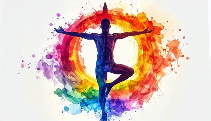 Fototapeta premium Spiritual yoga pose with rainbow watercolor abstract background